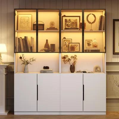 Productafbeelding van Witte vitrine, glazen deuren, LED-verlichting, kleurtemperatuur, afmetingen 30x160x200 cm