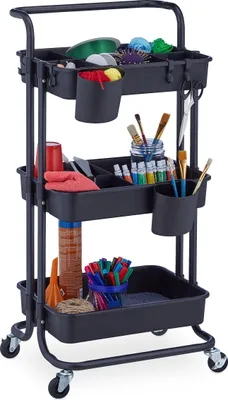 Immagine prodotto di Carrello Relaxdays, 3 ripiani, 2 freni, carrello multiuso per cucina e ufficio, scaffale su ruote L x P x A: 86x43x42 cm, metallo, nero