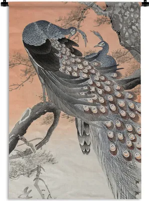Produktbild von MuchoWow® Wandteppich Wandbehang Japanisch - Pfau - Baum - Federn 90x135 cm Tapisserie Dekoration Wandtuch - Baumwolle - Wandskulptur