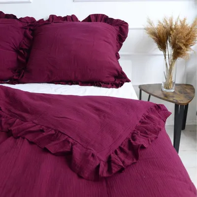Immagine prodotto di Set di biancheria da letto in mussola 200x200 cm + 2 federe 70x80 cm con volant - Set da camera da letto con copripiumino bordeaux