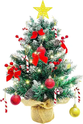 Produktbild von Weihnachtsbaum mit Beleuchtung und Schnee 60cm, Künstliche Weihnachtsbäume Geschmückt, Tannenbaum Lichterkette Deko mit Weihnachtskugel Tannenzapfen Christbaumspitze Stern Weihnachtsdeko DIY Tischdeko