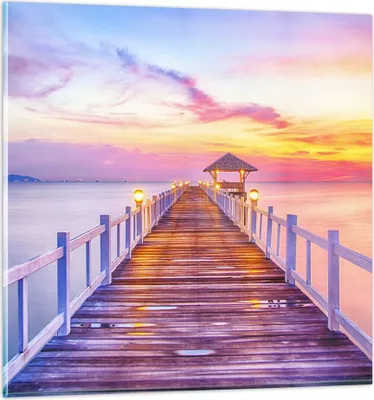 Produktbild von Bilder auf glas - Sonnenuntergang Wasser Brücke Horizont - 50x50cm - Glasbilder - Wandbilder - Kunstdruck - Wanddekoration aus Glas - Glas Bilder - Wandbild auf Glas - GAC50x50-2515