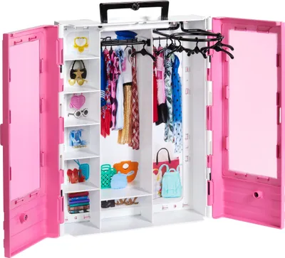 Obrázok produktu pre Mattel GBK11 Šatník snov Barbie dvojdverový s držadlom na prenášanie vešiakov rozkladacia tyč na oblečenie a integrované police, ružová farba