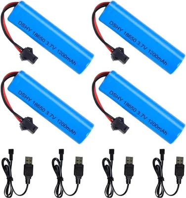 Zdjęcie produktu dla 4x akumulator Li-Ion 3.7V 1200mAh z kablem ładującym USB - złącze SM-2P - do samochodów RC DE45, DE42 1:14 - szybkie ładowanie, niebieski