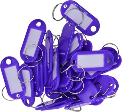Immagine prodotto di Confezione da 15 portachiavi personalizzabili, monocolore - Targhette per chiavi con anello personalizzabili | Portachiavi personalizzabile | Portachiavi in plastica con etichette intercambiabili - Viola