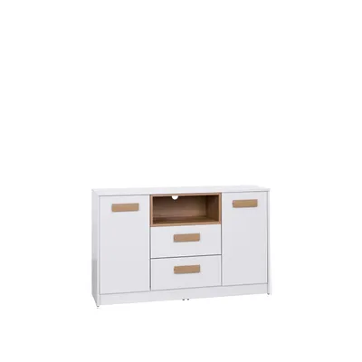 Produktbild von Design Möbel - Gustavo Kommode 05 - 2 Türen, 2 Schubladen, 122,5x75,5x40 cm - Regal, Einlegebode, Heimbüro, Büro, PVC-Kanten, Weiß, Eiche Riviera