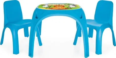 Image de Table en plastique + deux chaises bleues