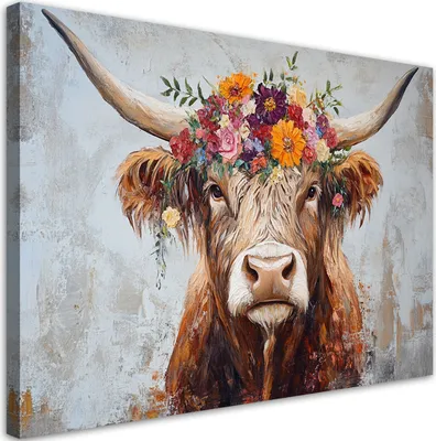 Produktbild von Leinwandbild Vintage Schottische Kuh Blumen 120x80 Feeby Bunt bild für die wand bereit zum aufhängen