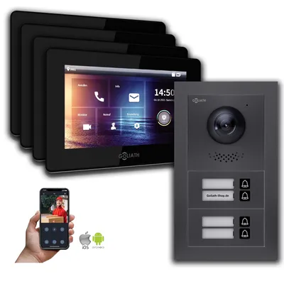 Produktbild von Goliath IP Video Türsprechanlage: 7-Zoll 4 Familienhaus, Smartphone App, Anthrazit : 7 Zoll Schwarz : Unterputzdose Monitor Farbe: 7 Zoll Schwarz Montage: Unterputzdose