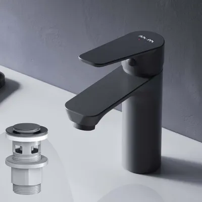 Produktbild von AM.PM Badarmatur mit Pop-Up Ablaufventil für Waschbecken Wasserhahn Bad Schwarz Waschtischarmatur mit Ablaufgarnitur 1 1/4 Zoll Messing Ventil Ablauf