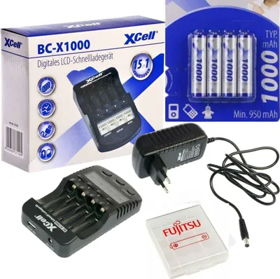 Produktbild von Schnellladegerät mit LCD-Display + 4x XCell Micro AAA Akku 1,2V 1000mAh + Box