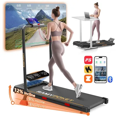 Immagine prodotto di Tapis roulant pieghevole elettrico per uso domestico - Inclinazione fino al 12% - Velocità da 1 a 12 km/h - Portata massima 150 kg - Motore da 2,5 CV - Pieghevole, con display LED e app - Colore: nero