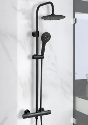Produktbild von sanicomfort Duschsystem Schwarz mit Thermostat | Regendusche Ø23 cm & Handbrause | Verstellbare Duschstange 80–128 cm | Komplettset Duscharmatur Modern