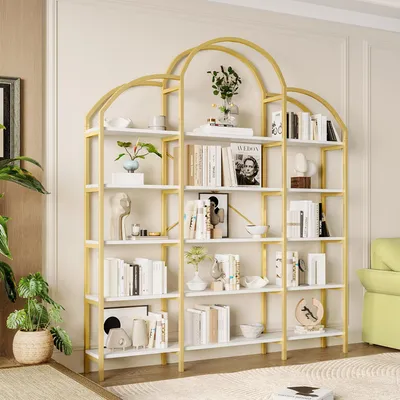 Zdjęcie produktu dla Półka Sweiko 170 x 26 x 190 cm w eleganckim stylu, rurowy stalowy materiał MDF, pięć warstw miejsca do przechowywania, unikalny kształt chmury, łatwy w montażu i czyszczeniu, złoty + biały