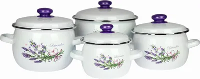 Produktbild von 8-teiliges Emaille-Topfset mit Lavendelmotiv