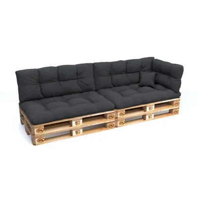 A dark grey pallet sofa with cushions, shown from a side-angle on a white background.