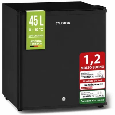 Immagine prodotto di Stillstern Mini Frigorifero 45L Nero con Congelatore 4L, Silenzioso, Porta con Serratura, Termostato Regolabile, Compatto, Ideale per Ufficio, Camper
