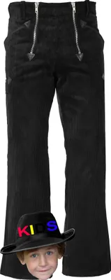 A pair of black corduroy pants with zippers and a child's face wearing a hat with the word "KIDS" on it.