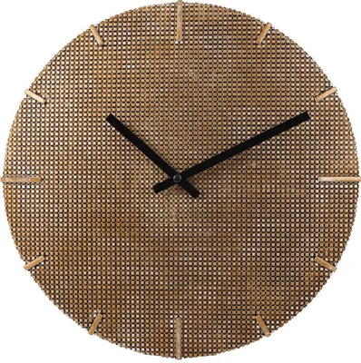 A round wall clock with a textured bronze face and black hands, presented against a white background.