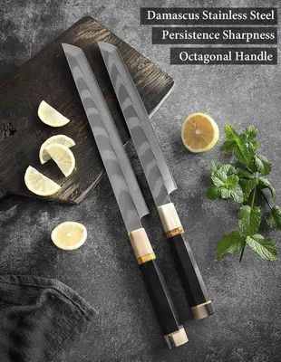 Produktbild von Sakimaru oder Yanagiba Messer SET Mit achteckigen Ebenholz- und Büffelhorngriff Lachsmesser und Filetmesser für Sushi und Fisch Damast Edelstahl 33 Lagen sehr scharf Set 43 und 39 cm
