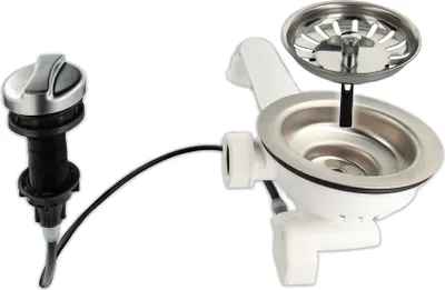 A sink strainer basket and drain assembly with a pull-knob control.