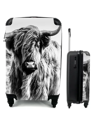 Produktbild von MuchoWow® Koffer Handgepäck Trolley Rollkoffer Kleine Reisekoffer mit 4 Rollen - Schottischer Highlander - Natur - Kuh - Schwarz - Weiß - Cabin Size < 55x40x23 cm & 55x40x20 cm - Fotokoffer - Kabinenkoffer - Boardgepäck - Reise-Box - Reisekoffer - Reisegepäck - Koffer mit Bild - Trolley für Kinder