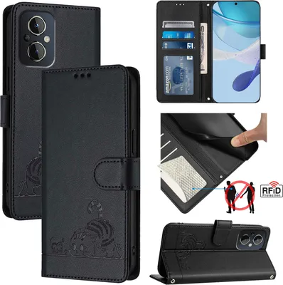 Produktbild von Leder Hülle für OnePlus Nord N20 5G/Reno7 Z 5G/Reno7 Lite/Reno8 Lite/Reno8 Z/Reno8 4G Süße Katze Flip Case Brieftasche Schutzhülle mit Standfunktion Schwarz