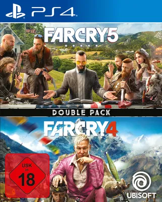 A collage of two video game covers for Far Cry 5 and Far Cry 4, presented as a double pack for PS4.