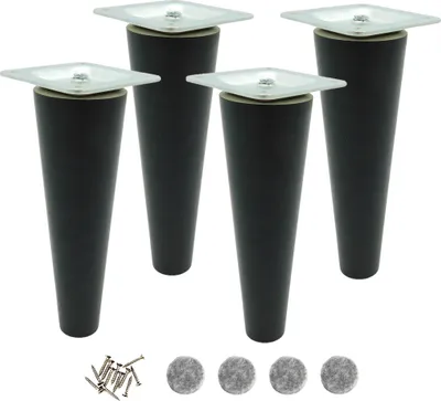 Four black furniture legs with silver mounting plates and screws and felt pads on a white background.