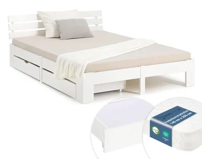 Image de Lit double en bois 140x200 avec matelas à ressorts et 2 tiroirs blanc pin Cadre de lit en bois massif sommier à lattes
