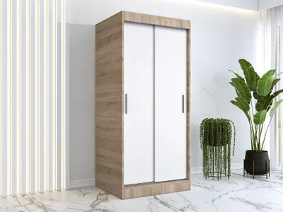 Produktbild von FurMeb24 Schiebetrenschrank GOLD -90x200cm 2-triger Kleiderschrank Ohne Spiegel, Schiebeschrank-(Sonoma+Weiss)