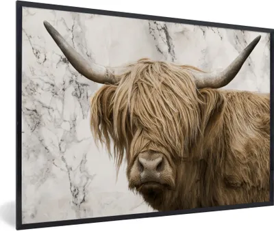 Produktbild von MuchoWow® Gerahmtes Poster Schottischer Highlander - Marmor - Tiere 90x60 cm - Poster mit Schwarzem Bilderrahmen Wandposter Rahmen Foto Bilder - Fotorahmen - Foto-Plakat
