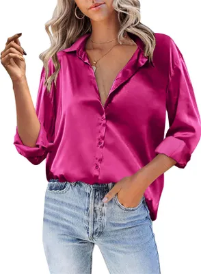 Produktbild von ASKSA Damen Satin Bluse V-Ausschnitt Hemde Elegant Knoepfen Oberteile Casual Einfarbig Tunika Langarmshirt (Rosenrot,XXL)