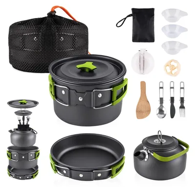 Immagine prodotto di Omgoods - Set di pentole e stoviglie da campeggio - Set cucina portatile in alluminio per campeggio