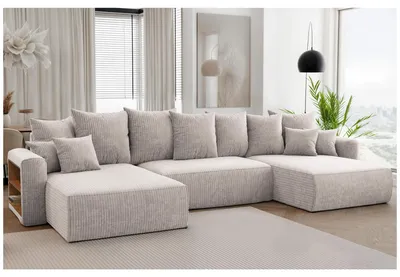 Produktbild von MEBLINI Schlafcouch mit Bettkasten - 350x160x78cm - Beige Cordstoff - NAPLES - Ecksofa mit Schlaffunktion - Sofa mit Relaxfunktion und Kopfstützen - Couch U-Form - Eckcouch - Wohnlandschaft