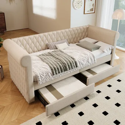 Obrázek produktu pro okwish Rozkládací pohovka denní postel 90x200 cm s roštem z dřeva, čalouněná postel s 2 úložnými zásuvkami a vysokým opěradlem (bez matrace) - béžová