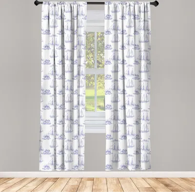 Produktbild von ABAKUHAUS Marine Vorhänge, Gardinen, Kontinuierliche Muster mit Schiffen und Wellen Maritime Wasser Kontur gezeichneten Bild, 2 Stück 75 x 175 cm, , Indigo und Weiß