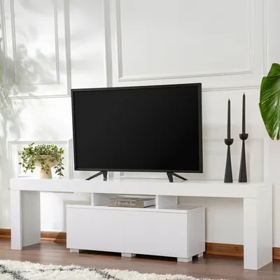 Image de Andarna - Meuble TV, 180x31x50h cm Blanc, 2 Étagères