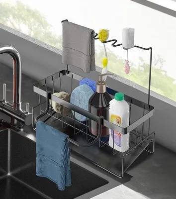 Produktbild von Schwarzer Edelstahl Spülbecken-Organizer mit Schwammhalter und Ablaufschale