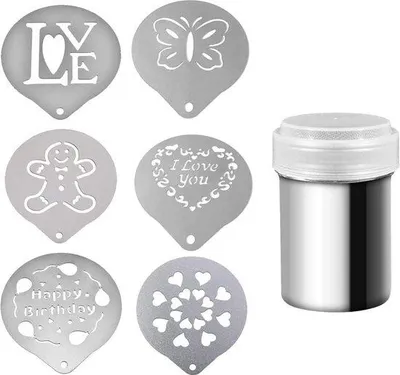 Produktbild von Unyqoos® Cappuccino-Schablonen aus Edelstahl – 6 Motiv-Schablonen + 1 Schokoladen-/Kakao-Streuer, 7-teilig, Schablonengröße 8,5×9,5 cm, Streuer 5,5×8,5 cm