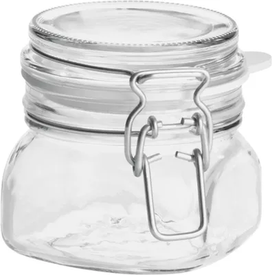 A clear glass jar with a metal clamp lid.