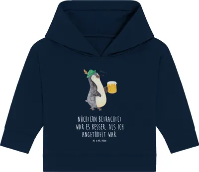 Produktbild von Mr. & Mrs. Panda Organic Baby Hoodie Pinguin Bier 24. - 36. Monat - French Navy - Geschenk, , Beschwippst, Kapuzenshirt, Feierabend, Angetüdelt