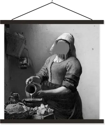 Produktbild von MuchoWow® Textilposter Das Milchmädchen - Johannes Vermeer - Schwarz und weiß 60x60 cm mit schwarzem Rahmen - Posteraufhänger