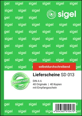 Produktbild von SIGEL SD013 Lieferscheine, mit Empfangsschein, 1. und 2. Blatt bedruckt, A6, selbstdurchschreibend, 2 x 40 Blatt