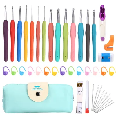 Produktbild von 37 Häkelset, 14-teiliges Stricknadelset, 8 Größen 2,0–10,0 mm, buntes Häkelset für Anfänger, ergonomischer Gummigriff, weicher Griff, Häkelnadel