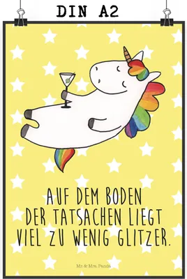 Produktbild von Mr. & Mrs. Panda Bild Einhorn Cocktail DIN A2 - Gelb Pastell - Geschenk, Unicorn, Spaß, Wandbild, kunstdruck poster, Deko, Party, Freundin, drucke, Geburtstag, Spruch