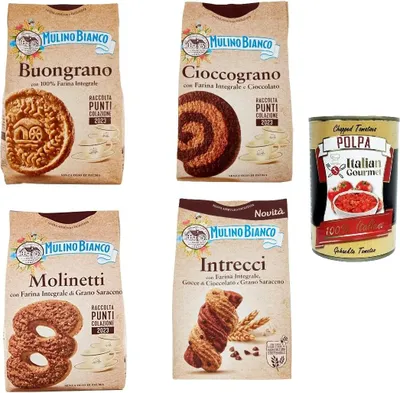 Produktbild von Mulino bianco Testpaket 100% Vollkornmehl Kekse Molinetti Buongrano Cioccograno Intrecci + Italian gourmert polpa 400g