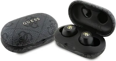 A pair of black wireless earbuds with a textured charging case, both featuring the Guess logo.