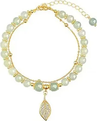 Produktbild von Damen-Armband aus Kunstjade, glatte Perlen, Blatt, Erdnuss-Anhänger, Glücksbringer, verstellbare Länge, Strass, Damen-Armreif, Abschlussball, Alltags-Armband
