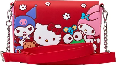 A red crossbody bag with cartoon characters printed on it.